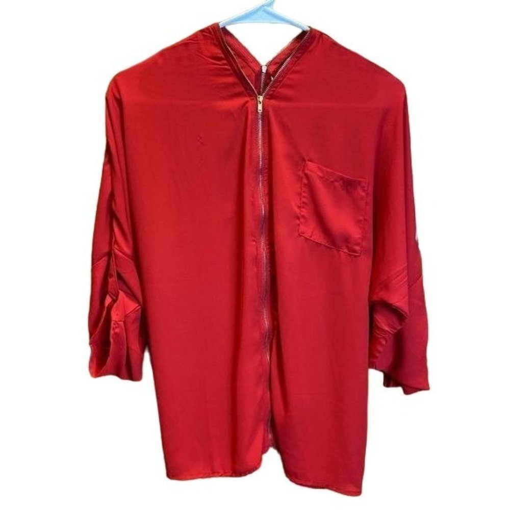 Kaii Red Long Sleeve Roll Tab Full Frint/Back Zip Women's Blouse Top Size Medium